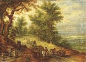 A Wooded Landscape With Travellers On A Path by Jan The Elder Brueghel