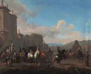 A hunting party by a fountain outside a mansion by Jan von Huchtenburgh