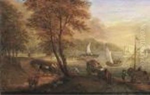 A River Landscape With Travellers On A Path, Shipping Beyond by Jan The Elder Brueghel