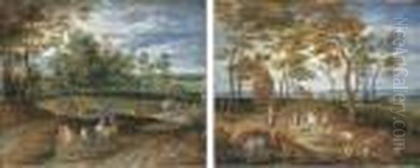 Rural Landscapes With Peasants In Horse-drawn Carriages On A Track - view 1
