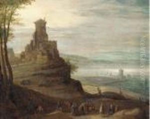 A River Valley With Travellers On A Path By A Hilltop Castle by Jan The Elder Brueghel