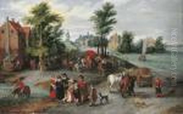 A Village Landscape With Wagons 
On A Track By A River, An Elegant Family In The Foreground, A Peasant 
Watering His Horse At A Pond Beyond - view 1