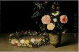 A Still Life Of Roses And Sprays
Of Lilac In An Ornamental Stoneware Vase, With A Wreath Of Roses,
Forget-me-nots, Jasmine, Cyclamen And Other Flowers Resting Nearby, All
On A Table-top by Jan The Elder Brueghel