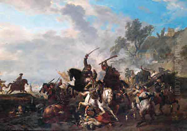 A cavalry skirmish, a river beyond - view 1