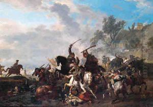 A cavalry skirmish, a river beyond by Jan von Huchtenburgh