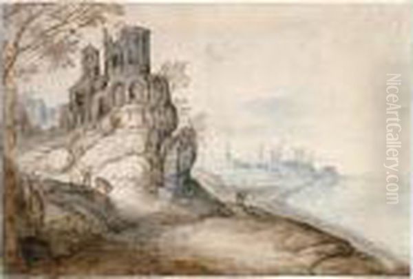 Capriccio Of A Rugged Coastline,
With The Temple Of The Tiburtine Sybil, Tivoli, On A Hill To The Left - view 1