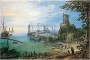 A Harbour Scene Overlooked By A Watchtower With Fishermen Unloading Their Catch