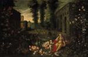 An Allegory Of Smell: A Putto 
Offering Flowers To A Nymph In The Garden Of A Palatial Mansion
