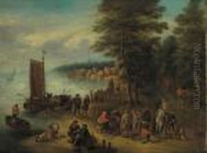 A Fish Monger On A River Bank, A Village Beyond