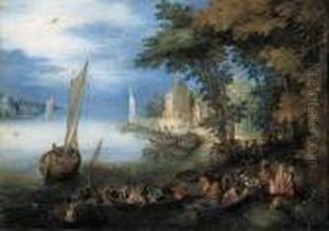 A River Landscape With A Ferry Arriving Near A Landingstage, A Sailing Vessel Nearby by Jan The Elder Brueghel