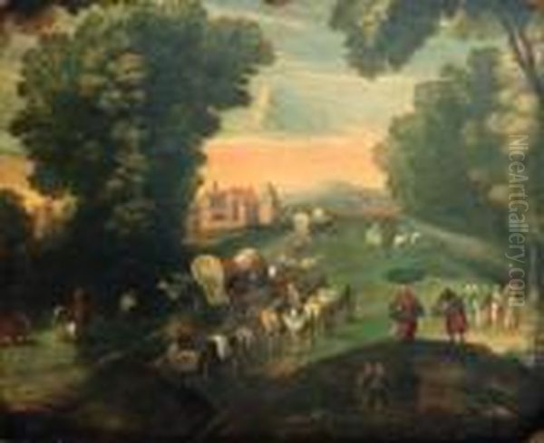 Peasants And Travellers On A Road By A Fortified Mansion - view 1