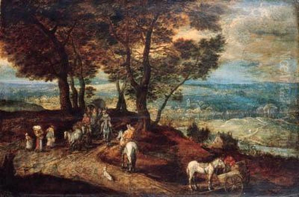 Travellers With Horses And Wagons On A Country Road In Amountainous Landscape - view 1