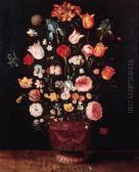 Roses, Tulips, Lilies, Carnations And Other Flowers In A Sculptedvase On A Wooden Ledge - view 1