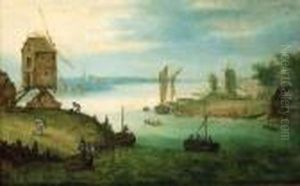 A River Landscape With A Ferry At A Landing Stage By Awindmill