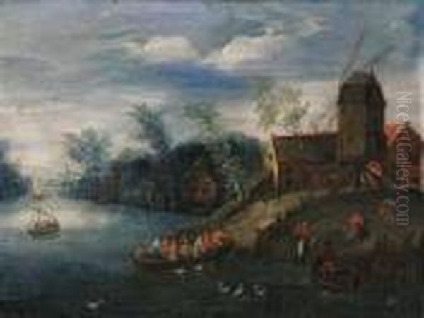 A River Landscape, With Peasants
At A Landing Stage, A Windmillnearby; And Peasants In Ferries And
Carts, A Village Beyond - view 1
