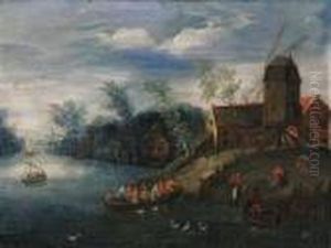 A River Landscape, With Peasants
 At A Landing Stage, A Windmillnearby; And Peasants In Ferries And 
Carts, A Village Beyond by Jan The Elder Brueghel