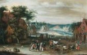 A Village By A River, With Peasants, Townsfolk And Wagons by Jan The Elder Brueghel