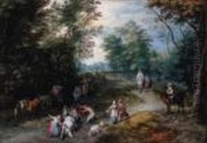 A Wooded Landscape With Travellers by Jan The Elder Brueghel