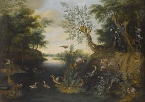 River Landscape With Ducks And Other Fowl