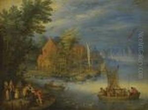 A Town On The Banks Of A Wide
River With A Heavily Laden Ferryapproaching The Shore In The Forgeound by Jan Brueghel the Younger