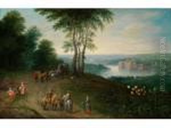 Landschaft Mit Reitern Und
Pferdewagenauf Einer Anhohe Uber Einem Flusstal Mit Wasserschloss - view 1