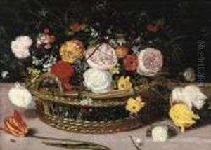A Basket With Peonies, Lilies, Daffodils And Various Otherflowers