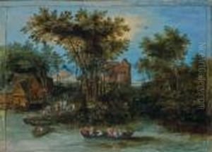 Personnages Embarquant Sur Une Riviere, Des Habitations A L'arriere-plan by Jan Brueghel the Younger