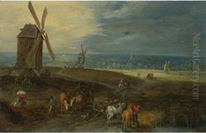 An Extensive Landscape With Travellers Before A Windmill