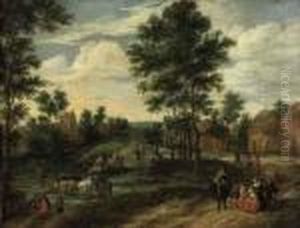A Village View With Figures On A Track And A Herdsman With Hiscattle Fording A Stream by Jan Brueghel the Younger