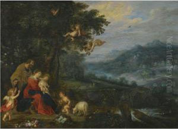 A Wooded River Landscape With The Holy Family And The Infant St.john The Baptist - view 1