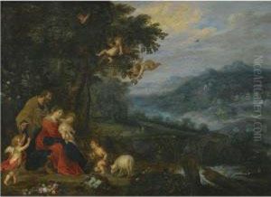 A Wooded River Landscape With The Holy Family And The Infant St.john The Baptist
