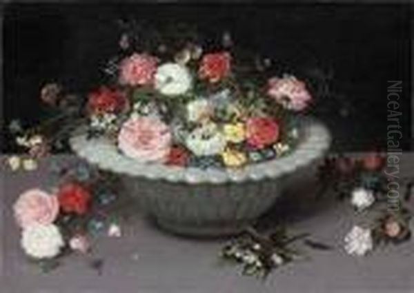 Roses, Tulips, Daffodills, Ranunculus And Other Flowers, In Aceladon Vase, On A Table - view 1