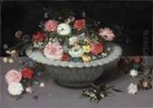 Roses, Tulips, Daffodills, Ranunculus And Other Flowers, In Aceladon Vase, On A Table