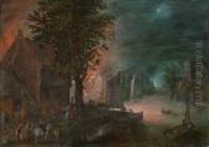 A Village Fire At Night With Numerous Figuresand Vessels On A River