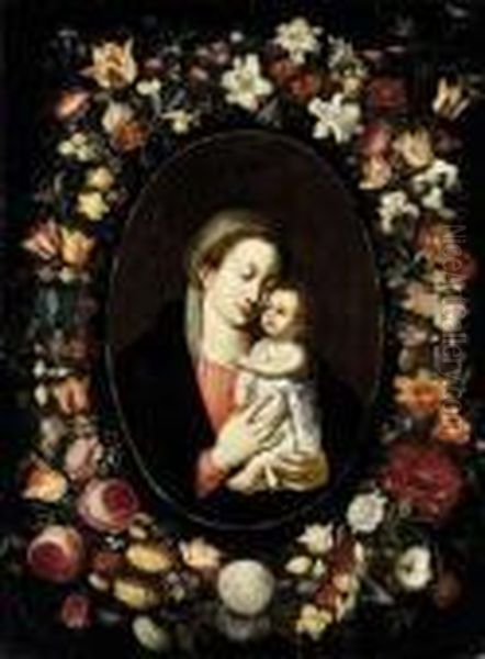 Madonna Col Bambino Entro Ghirlanda Di Fiori - view 1