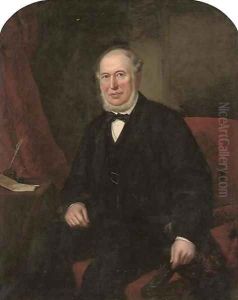 Portrait of a gentleman, seated three-quarter-length, in a black coat, at his writing desk by Samuel Howell