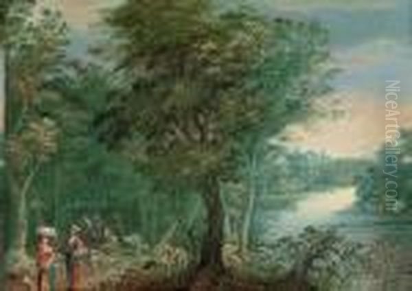 A Wooded River Landscape With Washerwomen On A Track - view 1