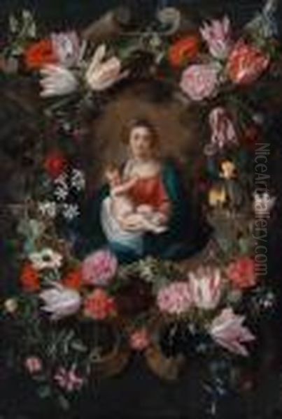 Madonna Con Bambino In Una Ghirlanda Di Fiori Sopra Un Cartiglio Di Pietra - view 1