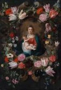 Madonna Con Bambino In Una Ghirlanda Di Fiori Sopra Un Cartiglio Di Pietra