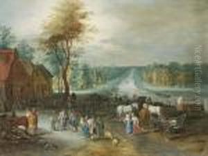 A Village Scene With Peasants Conversing By A Canal