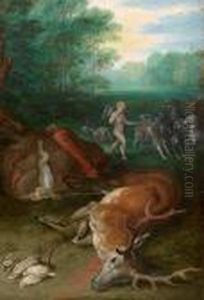 A Dead Stag With Dead Birds And Hunting Dogs In A Landscape by Jan Brueghel the Younger