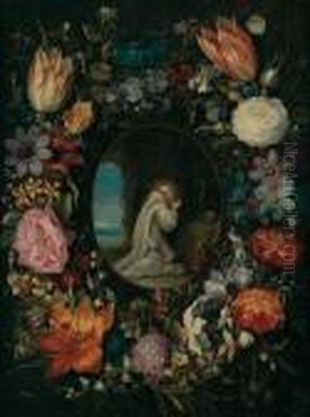 Frans Francken Iii Ghirlanda Di Fiori Che Cinge Il Medaglione Di Bernardo Da Clairvaux - view 1