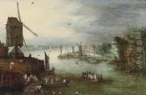 A River Landscape With A Ferry Crossing Near A Windmill, A Villagebeyond by Jan Brueghel the Younger