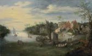 Landscape With Boats Coming Down The River Todock By A Village by Jan Brueghel the Younger