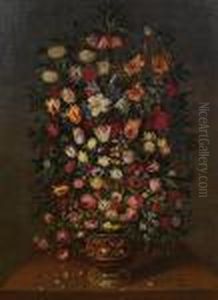 Lilies, Tulips, Narcissi, Roses 
And Otherflowers In A Bronze Urn Decorated With A Cavalry Battle, A 
Ladybirdand A Snail On A Table-top