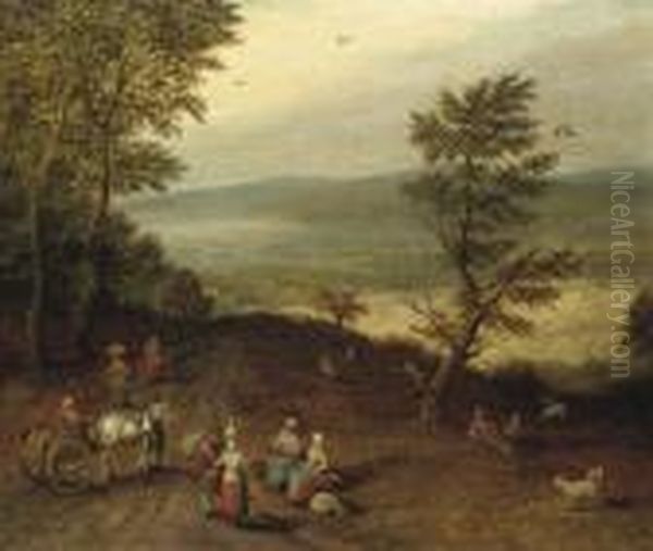 An Extensive Wooded Landscape With Peasants On A Track - view 1