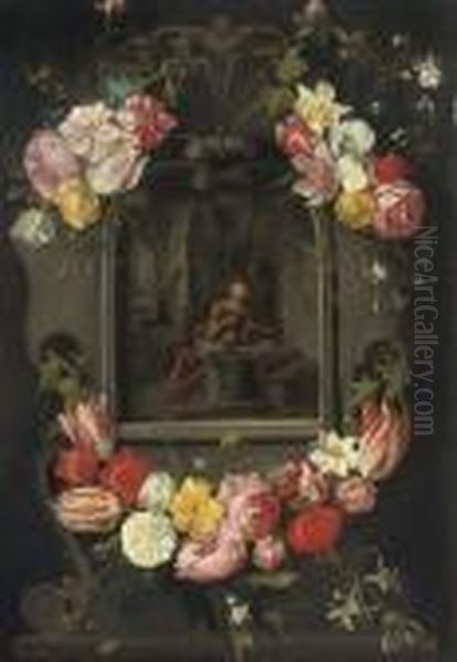 Swags Of Mixed Flowers Framing An Image Of Saint Jerome - view 1