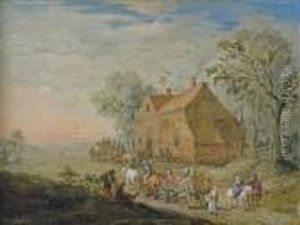 A Landscape With Travellers In A Cart By An Inn by Jan Brueghel the Younger