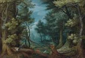 A Forest Landscape With Hunters Giving Chase To A Stag