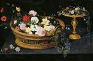 Blumenkorb Und Tazza Mit Blumen. by Jan Brueghel the Younger